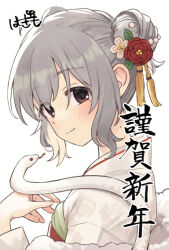 1girl blush brown_eyes chinese_zodiac commentary_request grey_hair hair_bun hair_ornament happy_new_year idolmaster idolmaster_cinderella_girls japanese_clothes kanzashi kimono looking_at_viewer lunalight-dg narumiya_yume new_year smile snake solo tassel tassel_hair_ornament white_kimono white_snake year_of_the_snake