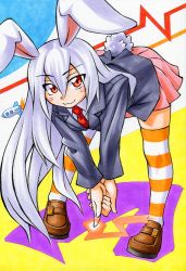 Rule 34 | 1girl, animal ears, bent over, blazer, jacket, kawachi koorogi, loafers, long hair, necktie, orange thighhighs, pleated skirt, purple hair, rabbit ears, rabbit girl, rabbit tail, red eyes, red necktie, reisen udongein inaba, rocket ship, shoes, skirt, solo, spacecraft, striped clothes, striped thighhighs, tail, thighhighs, touhou, very long hair