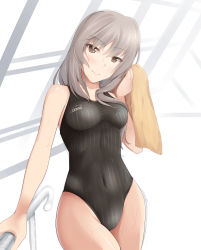 Rule 34 | 10s, 1girl, absurdres, arm support, bad id, bad pixiv id, bare shoulders, black one-piece swimsuit, blush, breasts, brown eyes, brown hair, competition swimsuit, covered navel, girls und panzer, gradient background, highres, holding, logo, long hair, looking at viewer, nksk, one-piece swimsuit, shimada chiyo, solo, standing, striped, striped background, swimsuit, towel, wet