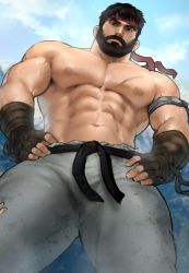Rule 34 | 1boy, abs, armband, bara, beard, belt, crotch, dopey (dopq), facial hair, forest, from below, gauntlets, hakama, headband, highres, japanese clothes, large pectorals, looking at viewer, male focus, manly, mature male, muscular, muscular male, nature, nipples, paid reward available, pectorals, ryu (street fighter), scar, scar on chest, solo, street fighter, thick thighs, thighs, topless male