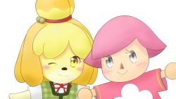 Rule 34 | 2girls, absurdres, animal crossing, animal ears, bad id, bad pixiv id, blonde hair, chibi, closed mouth, dog, dog ears, dress, grey eyes, highres, isabelle (animal crossing), looking at viewer, minttearz, multiple girls, nintendo, one eye closed, personification, pink dress, pink hair, short hair, smile, villager (animal crossing), white background