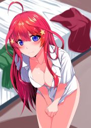 Rule 34 | 1girl, ahoge, bad id, bad pixiv id, bed, bed sheet, bedroom, blouse, blue eyes, blush, bottomless, breasts, cleavage, collarbone, collared shirt, commentary request, covered erect nipples, covering crotch, covering privates, cowboy shot, dress shirt, embarrassed, go-toubun no hanayome, green skirt, hair between eyes, hair ornament, highres, indoors, large breasts, leaning forward, legs together, long hair, looking at viewer, nakano itsuki, no bra, no pants, oki kuro, pleated skirt, pout, red hair, red vest, school uniform, shirt, short sleeves, skirt, solo, standing, star (symbol), star hair ornament, thighs, unworn skirt, vest, white shirt