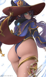 Rule 34 | 1girl, absurdres, ass, blush, cape, elbow gloves, embarrassed, from behind, from below, genshin impact, gloves, gold trim, green eyes, hair between eyes, hair ornament, hair ribbon, hat, highres, huge ass, hydro (genshin impact), leotard, long hair, looking at viewer, looking back, mona (genshin impact), purple hair, ribbon, shiny skin, solo, thigh strap, thighlet, thong leotard, twintails, uzzy2801, very long hair, vision (genshin impact), water