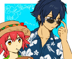 Rule 34 | 1boy, 1girl, adjusting eyewear, alain (pokemon), alternate costume, blue eyes, blue hair, brown eyes, brown hat, closed mouth, coconut, collarbone, collared shirt, creatures (company), drinking, drinking straw, expressionless, eyebrows, flat color, floral print, flower, fruit cup, game freak, glasses, hair between eyes, hat, hat ribbon, hawaiian shirt, hibiscus, hinata (ryohinata), holding, looking to the side, mairin (pokemon), nintendo, plant, pokemon, pokemon (anime), pokemon xy (anime), red hair, ribbon, shirt, short hair, sunglasses, upper body, white-framed eyewear, wing collar