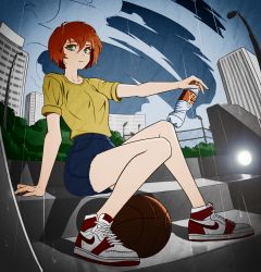 Rule 34 | 1girl, air jordan, air jordan 1, ball, basketball, basketball (object), bottle, building, city, colorized, full body, hair between eyes, highres, holding, holding bottle, lem, md5 mismatch, nike (company), original, red hair, satansoft1, self-upload, shirt, shoes, short hair, short shorts, short sleeves, shorts, sitting, sneakers, solo, stairs, tomboy