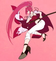 Rule 34 | 1girl, armpits, breasts, cape, cleavage, dynamic pose, feet, hair ribbon, high heels, highres, jacket, jacket over shoulder, unworn jacket, katana, long hair, midriff, pants, ponytail, red background, red eyes, red hair, ribbon, slit pupils, smile, solo, sword, tagme, tank top, tb (spr1110), under night in-birth, very long hair, weapon, white pants, yuzuriha (under night in-birth)
