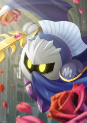 Rule 34 | 1boy, absurdres, armor, bat wings, cape, flower, galaxia (sword), gloves, highres, holding, holding sword, holding weapon, kirby (series), light rays, male focus, mask, meta knight, natsuring0, nintendo, no humans, pauldrons, petals, red flower, rose, shoulder armor, signature, solo, sparkle, sword, weapon, wings, yellow eyes