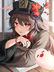 Rule 34 | 1girl, :p, bead bracelet, beads, black hat, black nails, blush, book, bracelet, brown hair, brown shirt, chinese clothes, commentary, crossed arms, flower, flower-shaped pupils, genshin impact, ghost, hair between eyes, hat, hat flower, hitodama, hu tao (genshin impact), indoors, jewelry, long hair, long sleeves, looking at viewer, multiple rings, nail polish, open book, plum blossoms, porkpie hat, red eyes, red flower, ring, shirt, silence girl, sitting, solo, symbol-shaped pupils, table, tongue, tongue out, upper body, wooden table
