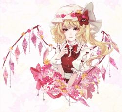 Rule 34 | 1girl, alternate costume, blonde hair, bow, crystal, flandre scarlet, flower, frilled shirt, frilled sleeves, frills, hat, highres, jewelry, kyogoku-uru, medium hair, mob cap, puffy short sleeves, puffy sleeves, red bow, red eyes, red ribbon, red vest, ribbon, shirt, short sleeves, side ponytail, simple background, solo, touhou, vest, white shirt, wings, wrist cuffs