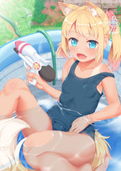 Rule 34 | 1girl, animal ear fluff, animal ears, blue eyes, blue one-piece swimsuit, blue school swimsuit, breasts, collarbone, fang, fox ears, fox tail, highres, hose, looking at viewer, old school swimsuit, one-piece swimsuit, open mouth, original, outdoors, partially submerged, school swimsuit, short hair, short twintails, sitting, small breasts, solo, swimsuit, tachimi (basue), tail, tan, tanline, twintails, wading pool, water gun