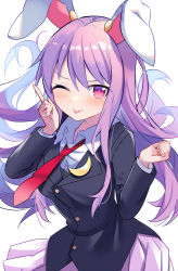 Rule 34 | 1girl, animal ears, blazer, blush, buttons, closed mouth, crescent, crescent pin, e.o., hair between eyes, highres, jacket, long hair, long sleeves, necktie, one eye closed, pleated skirt, purple hair, purple skirt, rabbit ears, red eyes, red necktie, reisen udongein inaba, revision, simple background, skirt, smile, solo, tongue, tongue out, touhou, upper body, white background