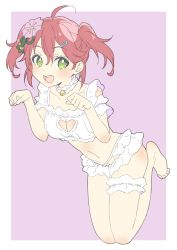 Rule 34 | 1girl, absurdres, ahoge, alternate costume, ass, bad id, bad twitter id, bell, border, breasts, bridal garter, cherry blossoms, cleavage, cleavage cutout, clothing cutout, collar, collarbone, donguri suzume, flower, full body, green eyes, hair ornament, hairclip, hand up, heart cutout, highres, hololive, knees, legs together, navel, neck bell, open mouth, outside border, paw pose, pink background, pink hair, sakura miko, sakura miko (old design), shiny skin, simple background, solo, teeth, thighs, twintails, virtual youtuber, white background
