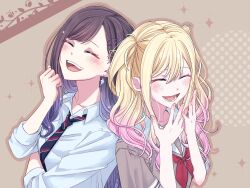 Rule 34 | 2girls, black hair, blonde hair, blush, closed eyes, commentary, earrings, gradient hair, hair ornament, hand up, hands up, highres, jewelry, laughing, long hair, multicolored hair, multicolored necktie, multiple girls, neckerchief, necktie, open mouth, project sekai, reyravi1024, school uniform, shiraishi an, smile, tagme, teeth, tenma saki, twintails