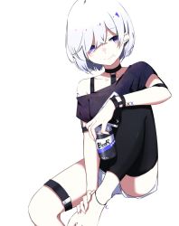 Rule 34 | alcohol, barefoot, beer, can, earrings, feet, ichiki 1, jewelry, mole, original, purple eyes, short hair, short shorts, shorts, simple background, sitting, smile, white background, white hair