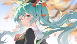 Rule 34 | 1girl, absurdres, alternate costume, autumn leaves, black hat, black shirt, blue sky, blurry, blurry background, blush, bow, bowtie, cloudyman, commentary, frown, green eyes, green hair, hat, hat bow, hatsune miku, highres, long hair, looking at viewer, looking back, mixed-language commentary, red bow, red bowtie, sailor collar, shirt, sidelocks, sky, solo, upper body, very long hair, vocaloid, white sailor collar