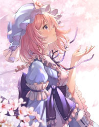 Rule 34 | 1girl, arm garter, arm strap, blue bow, blue kimono, blue ribbon, blue sash, blurry, blurry foreground, blush, bow, branch, breasts, cherry blossoms, commentary request, depth of field, floating hair, flower, frilled kimono, frilled sash, frilled shirt collar, frilled sleeves, frills, from side, hair between eyes, hand up, hat, highres, japanese clothes, juliet sleeves, kimono, light smile, long sleeves, looking afar, looking up, medium breasts, mob cap, neck ribbon, outstretched hand, petals, pink flower, pink hair, profile, puffy sleeves, purple eyes, ribbon, ribbon-trimmed collar, ribbon-trimmed sash, ribbon trim, saigyouji yuyuko, sash, short hair, sidelocks, solo, touhou, triangular headpiece, upper body, white flower, wide sleeves, yuuka nonoko