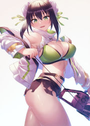 Rule 34 | 1girl, bare shoulders, bikini, black hair, black shorts, blush, breasts, bun cover, chainsaw, cleavage, double bun, fate/grand order, fate (series), green bikini, green eyes, green ribbon, hair bun, highres, holding, holding chainsaw, ibuki notsu, jacket, large breasts, long sleeves, looking at viewer, navel, off shoulder, open mouth, qin liangyu (chainsaw of the dead) (fate), qin liangyu (fate), ribbon, short shorts, shorts, sidelocks, smile, solo, swimsuit, thighs, torn clothes, torn shorts, white background, white jacket
