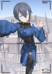 Rule 34 | 1girl, :d, absurdres, battery indicator, black shorts, blue eyes, blue jacket, blush, building, city, crane (machine), day, ear piercing, girls&#039; frontline, green hair, hair between eyes, highres, jacket, licking lips, open mouth, outdoors, p22 (girls&#039; frontline), piercing, recording, short hair, shorts, sleeveless, smile, solo, thighhighs, thighs, tongue, tongue out, tr07, v, v-shaped eyebrows