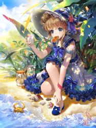 Rule 34 | 1girl, blonde hair, blue eyes, bow, copyright name, crab, dress, food, food in mouth, frilled dress, frills, furyou michi ~gang road~, hat, hat bow, ice cream, jar, klestil reina, leaf, logo, no socks, official art, original, puffy short sleeves, puffy sleeves, sailor collar, sand, shade, shell, footwear bow, shoes, short hair, short sleeves, solo, tob, twintails, water, wristband