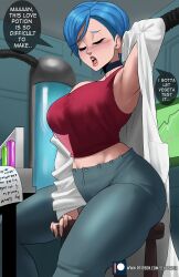 Rule 34 | 1girl, absurdres, arm behind head, arm support, arm up, black choker, blue hair, blush, breasts, bulma, chair, choker, cleavage, closed eyes, crop top, dragon ball, dragon ball super, echo saber, english text, highres, lab coat, laboratory, large breasts, mature female, nose blush, open mouth, original, pants, paper, red shirt, shirt, short hair, sitting, solo, speech bubble, underwear