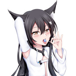 Rule 34 | 1girl, animal ear fluff, animal ears, arm up, armpits, black hair, blush, breasts, brown eyes, candy, chrisandita, commentary, drawstring, food, fox ears, fox hair ornament, hair between eyes, hair ornament, hairclip, hand up, holding, holding candy, holding food, holding lollipop, lollipop, long hair, long sleeves, looking at viewer, original, shirt, signature, simple background, small breasts, solo, teeth, tongue, tongue out, upper body, upper teeth only, white background, white shirt