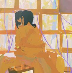 Rule 34 | 2girls, barcode, bare legs, black hair, braid, dated, hug, kiss, hugging own legs, multiple girls, nape, orange theme, original, short hair, signature, straddling, twin braids, upright straddle, xilmo, yuri