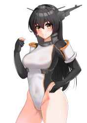 Rule 34 | 1girl, absurdres, adapted costume, bad id, bad pixiv id, black hair, black one-piece swimsuit, breasts, brown eyes, cowboy shot, headgear, highleg, highleg swimsuit, highres, kantai collection, large breasts, long hair, multicolored clothes, multicolored swimsuit, nagato (kancolle), nagato kai ni (kancolle), one-piece swimsuit, simple background, sing152, solo, standing, swimsuit, white background, white one-piece swimsuit