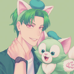Rule 34 | 1boy, absurdres, animal ears, bad id, bad pixiv id, butch (pokemon), clenched teeth, commentary, creatures (company), fake animal ears, game freak, green background, green hair, green hairband, green headwear, green jacket, hairband, hand on own neck, hat, highres, huge filesize, jacket, looking at viewer, male focus, nintendo, parted bangs, pokemon, pokemon (anime), purple eyes, ruru (gi xxy), shirt, short hair, smile, symbol-only commentary, t-shirt, teeth, watch, white shirt, wristwatch