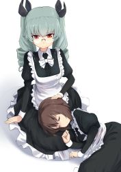 Rule 34 | 2girls, alternate costume, anchovy (girls und panzer), apron, bespectacled, black dress, bow, bowtie, brown hair, buchikaki, commentary, dress, drill hair, enmaided, frilled dress, frills, girls und panzer, glasses, green hair, hair between eyes, long hair, lying, maid, maid apron, multiple girls, nishizumi maho, on side, red eyes, rimless eyewear, short hair, simple background, sitting, sleeping, smile, twin drills, twintails, white background, white bow, white bowtie