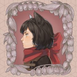 Rule 34 | 1girl, animal ears, armor, black hair, body fur, border, cat ears, cat girl, closed mouth, commentary, dungeon meshi, english commentary, flower, from side, highres, izutsumi, jinaxxo, leather armor, lily of the valley, looking ahead, ornate border, portrait, profile, red background, red scarf, scarf, short hair, sleeveless, solo, yellow eyes