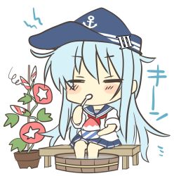 Rule 34 | 1girl, anchor symbol, basin, bench, blouse, blue hat, blue sailor collar, blue skirt, brain freeze, chibi, closed eyes, commentary request, eating, flat cap, flower, flower pot, flower request, food, full body, hat, hibiki (kancolle), highres, hizuki yayoi, kantai collection, long hair, miniskirt, neckerchief, plant, pleated skirt, red flower, red neckerchief, sailor collar, shaved ice, shirt, silver hair, simple background, sitting, skirt, solo, spoon, white background, white shirt