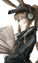 Rule 34 | 1girl, amiya (arknights), amiya (newsgirl) (arknights), animal ears, arknights, ascot, baseball cap, black ascot, black hat, black jacket, blush, brown hair, closed mouth, clothes writing, commentary, ears through headwear, from side, grey eyes, hat, headphones, highres, holding, holding newspaper, jacket, light smile, long hair, long sleeves, looking down, newspaper, nueegochi, official alternate costume, ponytail, profile, rabbit ears, rabbit girl, simple background, solo, upper body, white background