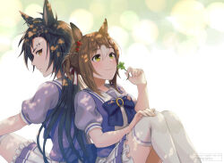 Rule 34 | 2girls, air shakur (umamusume), animal ears, back bow, black hair, blurry, blurry background, blush, bow, brown hair, chikabo m, closed mouth, clover, clover hair ornament, commentary request, ear ornament, fine motion (umamusume), green eyes, hair ornament, holding, holding clover, horse ears, horse girl, knees up, long hair, multiple girls, petticoat, pleated skirt, puffy short sleeves, puffy sleeves, purple bow, sailor collar, school uniform, short sleeves, skirt, smile, summer uniform, thighhighs, tracen school uniform, twitter username, umamusume, very long hair, white skirt, white thighhighs, yellow eyes