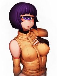 Rule 34 | 10s, 1girl, blush, breasts, cyclops, covered erect nipples, fingerless gloves, fumio (rsqkr), gloves, hand on own chest, manako, monster girl, monster musume no iru nichijou, one-eyed, purple eyes, purple hair, short hair, simple background, solo, upper body, white background