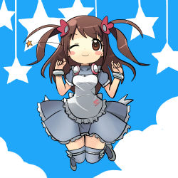 1girl ;) b3 bad_id bad_pixiv_id blush blush_stickers brown_hair chibi female_focus hair_ornament hairclip headphones jumping long_hair mizuhara_hayari one_eye_closed saki_(manga) smile solo star_(symbol) thighhighs two_side_up wink wristband