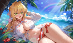 Rule 34 | 1girl, absurdres, ahoge, bare shoulders, beach, bead bracelet, beads, bikini, blonde hair, blue sky, blush, bracelet, braid, breasts, cleavage, commentary, criss-cross halter, dress, earrings, fate/grand order, fate (series), gown, green eyes, hair bun, hair intakes, hair ribbon, halterneck, highres, jewelry, large breasts, long hair, long sleeves, looking at viewer, navel, nero claudius (fate), nero claudius (fate) (all), nero claudius (swimsuit caster) (fate), nero claudius (swimsuit caster) (third ascension) (fate), ocean, open mouth, puffy long sleeves, puffy sleeves, red bikini, revision, ribbon, shenqi xiao hong zai nali, sky, smile, solo, striped bikini, striped clothes, swimsuit, thighs, white ribbon