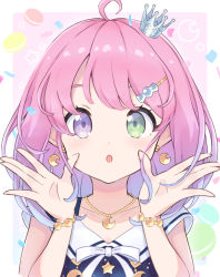 Rule 34 | 1girl, :o, ahoge, bow, bowtie, bracelet, candy hair ornament, crescent, crescent earrings, crescent necklace, crown, earrings, food-themed hair ornament, gorirasaru440, gradient hair, green eyes, hair ornament, hairclip, heterochromia, highres, himemori luna, himemori luna (sundress), hololive, jewelry, looking at viewer, medium hair, mini crown, multicolored hair, necklace, pink hair, princess, purple eyes, purple hair, sailor collar, solo, tilted headwear, virtual youtuber, white bow, white bowtie