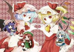 Rule 34 | 5girls, apron, blonde hair, blue eyes, blue hair, book, braid, chestnut mouth, chibi, chinese clothes, flandre scarlet, hair ribbon, hat, heart, heart hands, heart hands duo, hong meiling, izayoi sakuya, looking at viewer, maid, maid apron, maid headdress, multiple girls, patchouli knowledge, purple eyes, purple hair, red eyes, red hair, remilia scarlet, ribbon, silver hair, socha, star (symbol), teapot, touhou, wings
