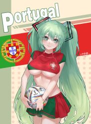 Rule 34 | 1girl, 2022 fifa world cup, aqua eyes, aqua hair, ball, breasts, crop top, green skirt, hatsune miku, highres, jokanhiyou, large breasts, long hair, looking at viewer, midriff, multicolored clothes, multicolored skirt, navel, pleated skirt, portuguese flag, red skirt, skirt, soccer, soccer ball, soccer uniform, solo, sportswear, twintails, underboob, very long hair, vocaloid, world cup