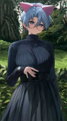 Rule 34 | 1girl, animal ears, aochoku, arm at side, black skirt, black sweater, blue eyes, blue hair, breasts, cat ears, closed mouth, earrings, fake animal ears, glasses, hairband, hand up, high-waist skirt, highres, jewelry, large breasts, looking at viewer, original, outdoors, parted bangs, round eyewear, skirt, sleeves past wrists, solo, stud earrings, sweater, sweater tucked in, tree, turtleneck, turtleneck sweater, upper body, watch, wristwatch