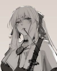 Rule 34 | 1girl, bow, capelet, choker, commentary request, grey background, greyscale, hair between eyes, hair bow, katana, long hair, looking at viewer, monochrome, noccu, noihara himari, omamori himari, ponytail, simple background, solo, sword, upper body, weapon