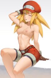 Rule 34 | 1girl, bike shorts, bike shorts under shorts, blonde hair, breasts, brown gloves, cabbie hat, capcom, cheshirrr, gloves, green eyes, hair between eyes, hat, highres, leather belt, long hair, looking at viewer, medium breasts, mega man (series), mega man legends (series), navel, nipples, one eye closed, open mouth, perky breasts, red hat, red shorts, ribs, roll caskett (mega man), shorts, simple background, sitting, solo, spandex, sweat, teeth, topless, upper teeth only