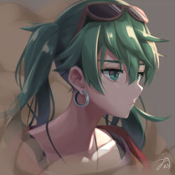 Rule 34 | 1girl, collarbone, earrings, eyewear on head, green eyes, green hair, hatsune miku, jewelry, long hair, looking away, mirea, necklace, revision, solo, suna no wakusei (vocaloid), sunglasses, twintails, upper body, vocaloid