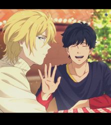 Rule 34 | 2boys, ash lynx, banana fish, black hair, black shirt, blonde hair, christmas tree, collarbone, closed eyes, glasses, green eyes, highres, long sleeves, looking at viewer, multiple boys, official style, okumura eiji, open mouth, shirt, short hair, smile, sour nya, sweater, taking picture, teeth, tongue, turtleneck, waving, white sweater