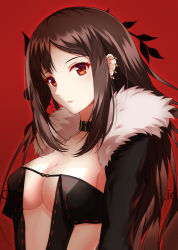 Rule 34 | 1girl, black choker, black coat, black hair, breasts, choker, cleavage, coat, collarbone, commentary request, ear piercing, eyelashes, fate/grand order, fate (series), fur trim, head tilt, highres, long hair, long sleeves, looking at viewer, medium breasts, open clothes, open coat, parted lips, piercing, red background, red eyes, revealing clothes, rko (a470350510), sidelocks, solo, upper body, yu mei-ren (fate)