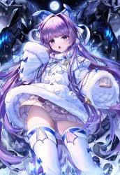 Rule 34 | 1girl, azur lane, blue eyes, blush, brown sweater, commentary request, dress, full moon, fur-trimmed dress, fur-trimmed sleeves, fur trim, hair intakes, hand up, long hair, long sleeves, looking at viewer, moon, narae, open mouth, purple hair, sleeves past fingers, sleeves past wrists, solo, spikes, sweater, tashkent (azur lane), thighhighs, very long hair, white dress, white thighhighs