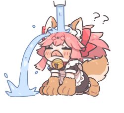 Rule 34 | 1girl, ?, ??, animal ears, anko omotimoti, blush, cat under faucet (meme), chibi, closed eyes, fate/extra, fate/grand order, fate (series), fox ears, fox tail, long hair, meme, pink hair, simple background, solo, tail, tamamo (fate), tamamo cat (fate), tongue, tongue out, water, white background