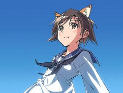 Rule 34 | 1girl, animal ears, black neckwear, blouse, blue sailor collar, blue sky, brown eyes, brown hair, clear sky, closed mouth, commentary, day, dog ears, hair flaps, highres, kogarashi51, long sleeves, looking to the side, miyafuji yoshika, outdoors, revision, sailor collar, shirt, short hair, sky, smile, solo, strike witches, white shirt, world witches series