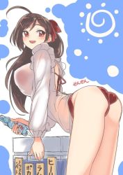 Rule 34 | 10s, 1girl, :d, ahoge, apron, artist name, bent over, bikini, bottle, breasts, brown hair, hair ribbon, kantai collection, large breasts, long hair, mamiya (kancolle), open mouth, ramune, red bikini, red eyes, ribbon, sensen, simple background, smile, solo, swimsuit