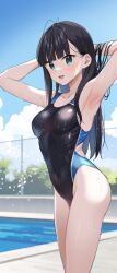 Rule 34 | 1girl, arms behind head, black hair, black one-piece swimsuit, blue sky, breasts, chain-link fence, cloud, colored inner hair, commentary request, covered navel, day, eight tohyama, feet out of frame, fence, green eyes, highres, long hair, medium breasts, multicolored hair, one-piece swimsuit, original, outdoors, pool, sky, solo, swimsuit, two-tone swimsuit, wet, wet clothes, wet swimsuit